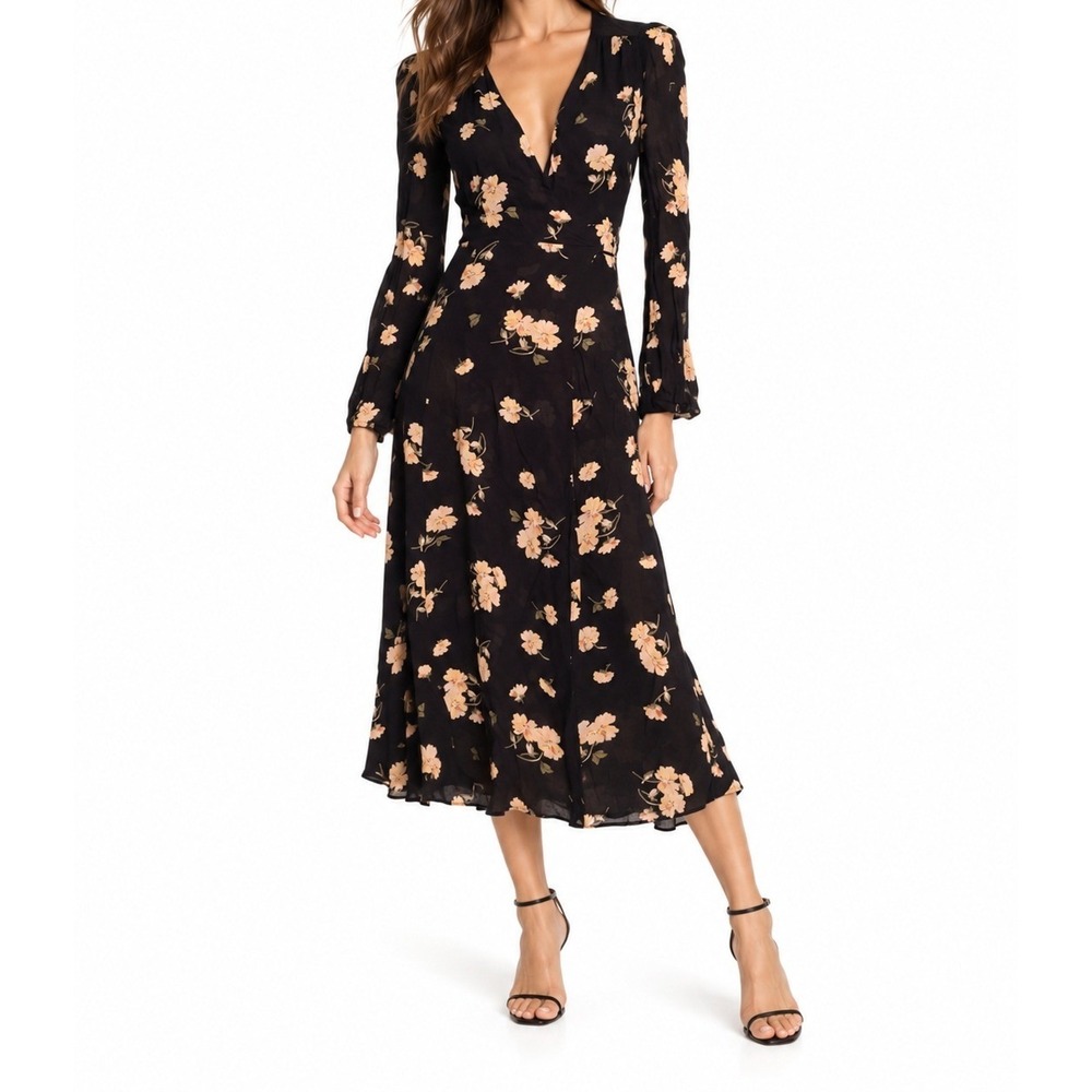 Reformation Chelsea Wrap Dress Black Floral Long Sleeve Midi Dress XS